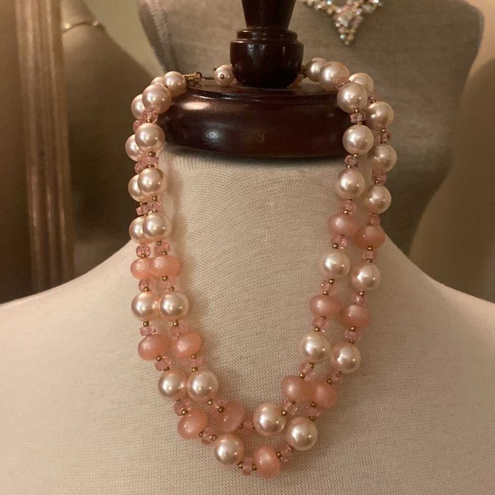 Vintage pink and Pearl glass beaded choker double strand necklace